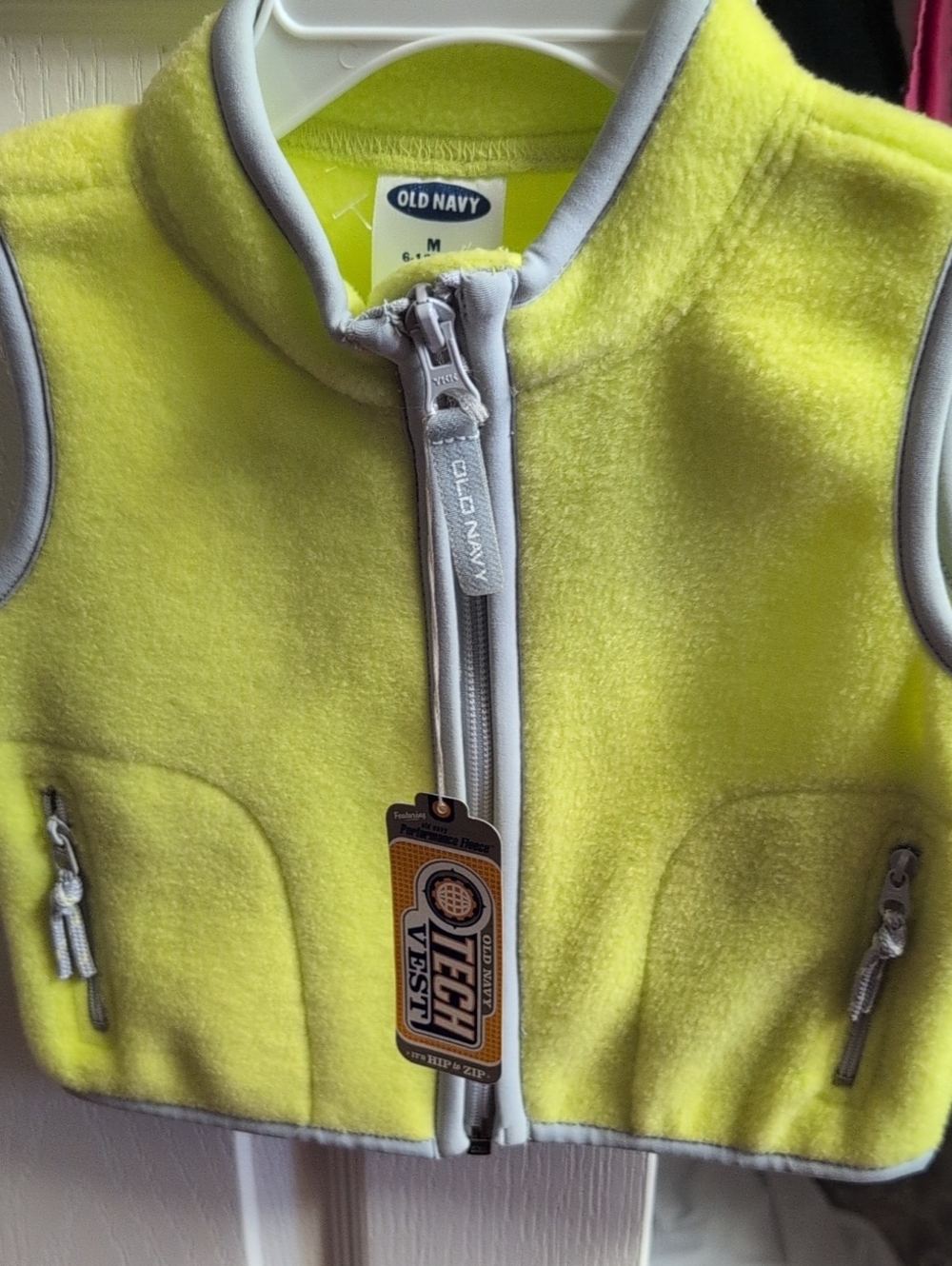 Old Navy Kids Neon Yellow Fleece Vest with Gray Trim 6-12 Months